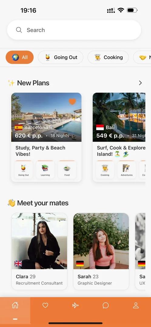 miigo app search screen showing group travel destinations in Europe Asia with budget filters and travel dates for finding travel buddies